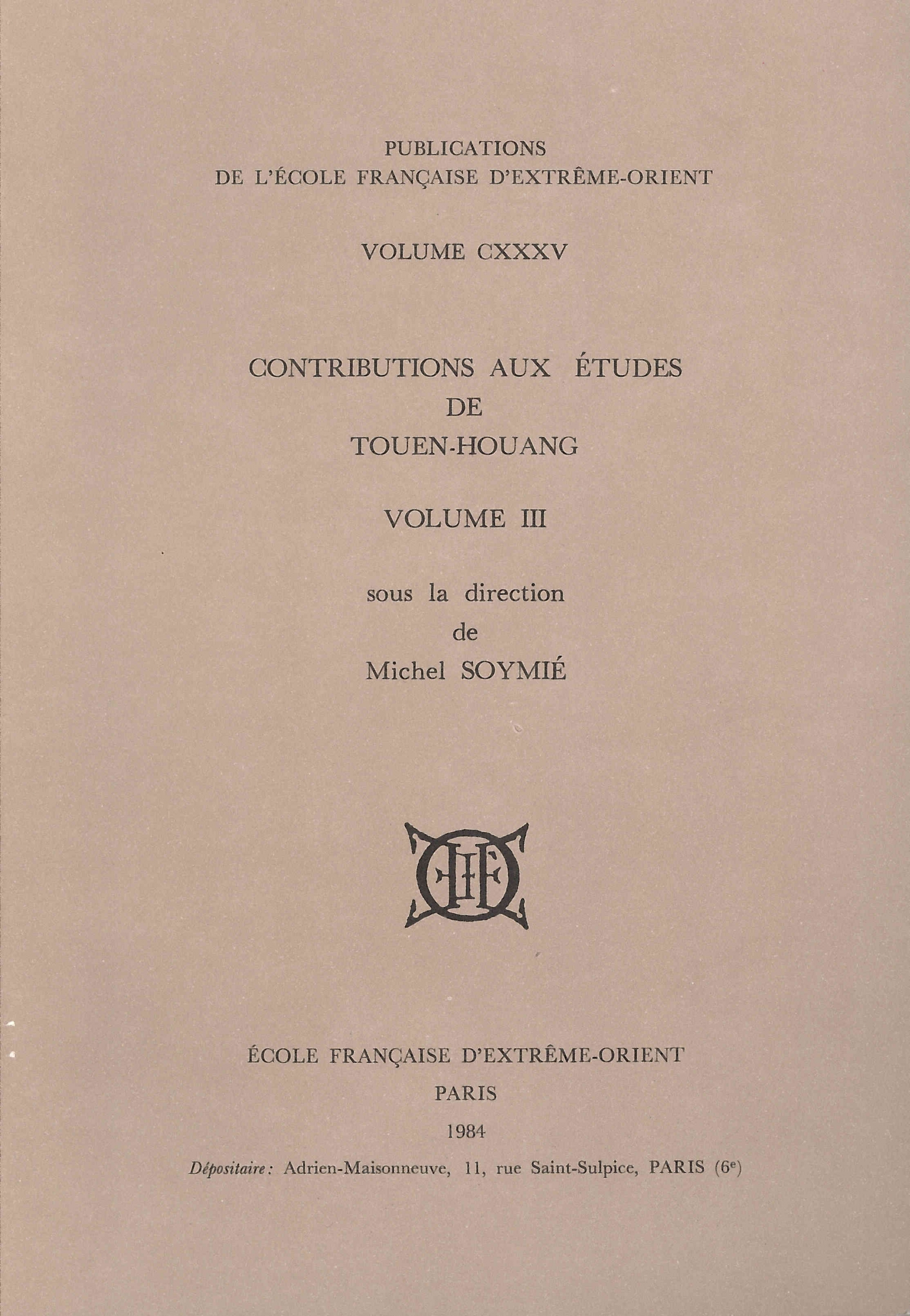 Contributions aux Études de Touen-Houang volume III